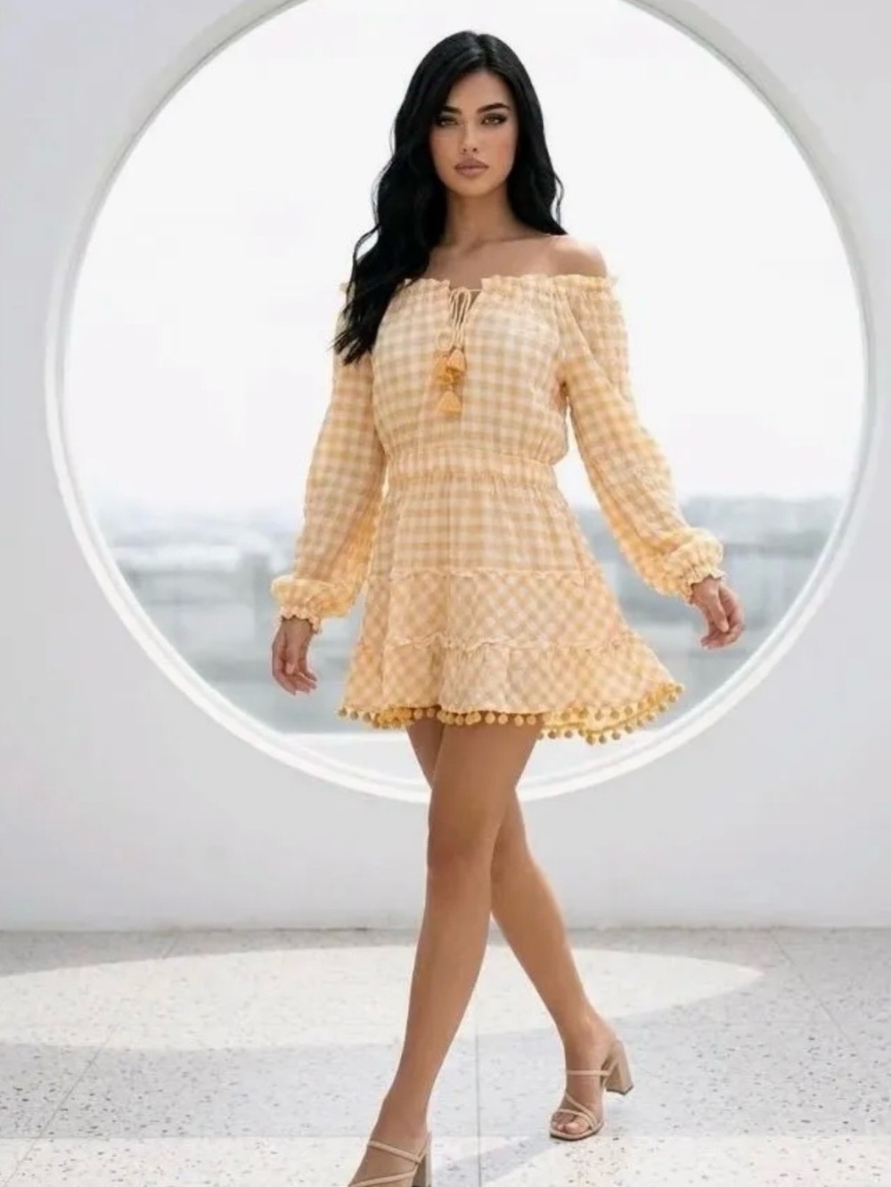 Playa Lucila Orange/White Off-Shoulder Smocked Gingham Mini Dress, Size XS/S,NWT